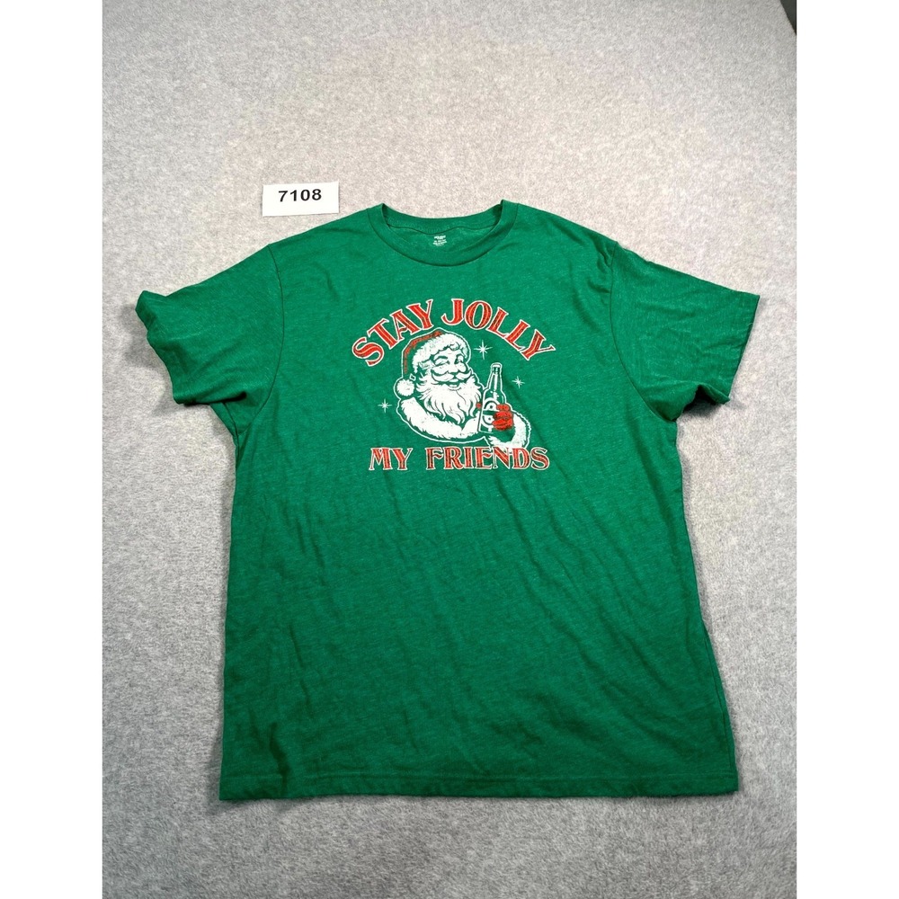 Holiday Time T Shirt Mens XL Green Cotton Crew Neck Stay Jolly‎ Santa Graphic